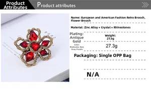 Detail of vintage flower brooch with red crystals and rhinestones in gold plating