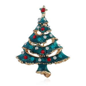 Weihnachtsbaum-Brosche mit grüner Emaille und bunten Strasssteinen auf Goldbasis