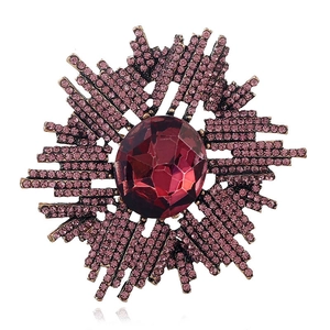 Détail d'une broche étoile vintage avec pierre centrale rouge et strass violets