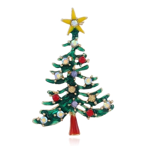 Eleganter Weihnachtsbaum Brosche mit grünem Emaille und bunten Strasssteinen in Gold