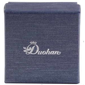 Donkerblauwe vierkante sieraden geschenkdoos met textuur en zilveren kroonlogo