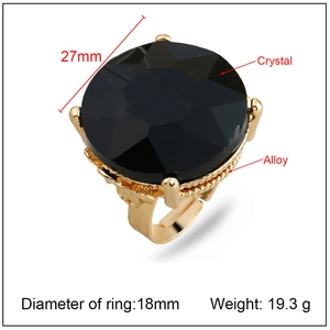 Cocktail ring with large 27mm round black crystal and gold alloy adjustable band