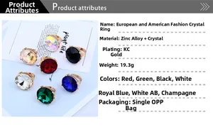 Macro view showing colorful multifaceted crystal rings with gold-plated zinc alloy base