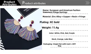 Detail of fan-shaped tassel earrings with colorful resin beads and metallic finish