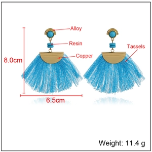 Bohemian fan-shaped tassel earrings in lake blue with alloy and resin detail
