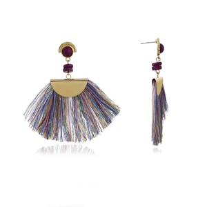 Bohemian fan tassel earrings with gold metal fasteners and colorful fringe threads