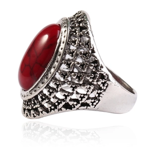 Vintage silver-tone wide ring with oval red faux turquoise and filigree details