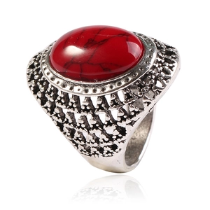 Vintage Oval Turquoise Ring For Men Antique Silver Plated Bohemian Ethnic Filigree Statement Finger Jewelry