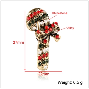 Christmas candy cane brooch with red and green rhinestones on vintage gold alloy