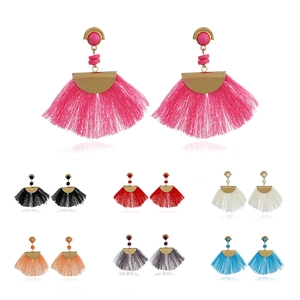 Bohemian Vintage Fan-Shaped Tassel Earrings For Women Alloy Resin Bead Satin Thread Ethnic Style Fashion Dangle Jewelry