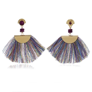 Bohemian gold fan earrings with purple beads and colorful fringe tassels in a flat layout