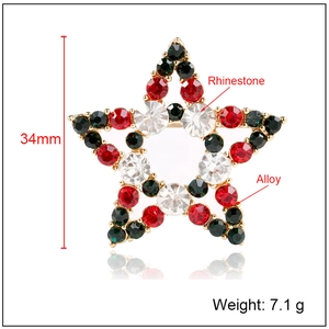 Star-shaped festive brooch with red, green, and clear rhinestones on alloy base