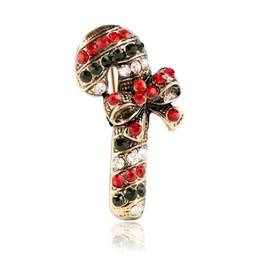 Vintage Alloy Rhinestone Christmas Candy Cane Brooch With Bow Festive Elegant Brooch For Women Party Jewelry Gift
