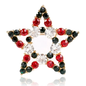 Vintage Alloy Rhinestone Hollow Five-Pointed Star Brooch Red Green White Crystals Christmas Festive Pin For Women Jewelry