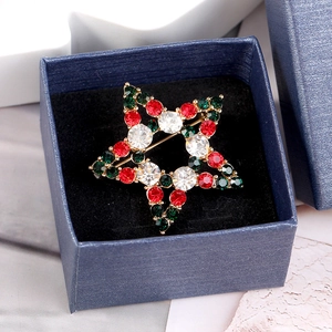 Close-up of a Christmas star brooch with red green and white rhinestones in a blue gift box