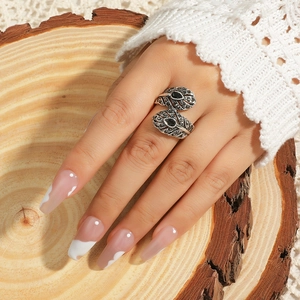 Anillo Abierto de Pluma de Aleación Bohemio Vintage para Mujer Plata Antigua Strass Resina Incrustada Anillo Ajustable