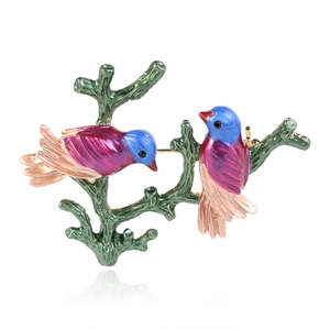Exquisite cloisonné magpie brooch with colorful enamel birds on a green branch