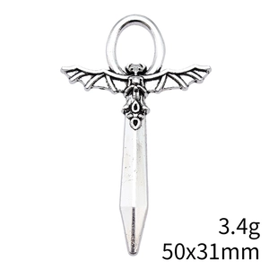 Gothic bat sword cross pendant in antique silver finish with detailed relief textures