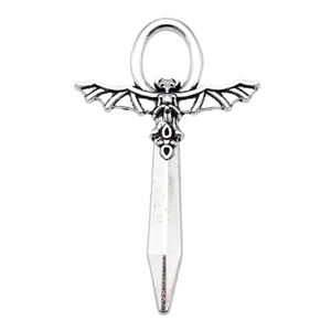 Gothic bat sword cross pendant in antique silver finish with minimalist white background