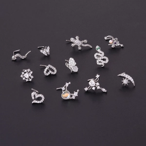 Titanium steel nose studs with cubic zirconia in heart butterfly and snake shapes