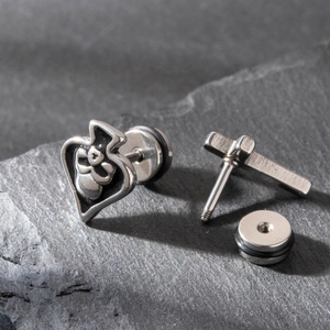 Men's vintage stainless steel cross stud earring with spade relief and screw-on flat back