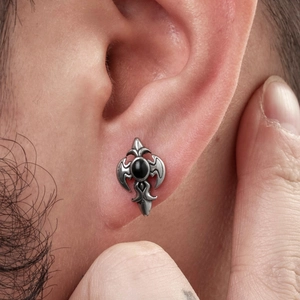 Gothic stainless steel cross earring for men featuring a black stone in retro punk style