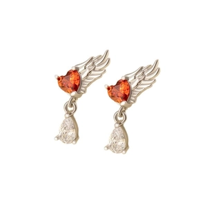 Titanium steel angel wing earrings with heart and pear-shaped cubic zirconia