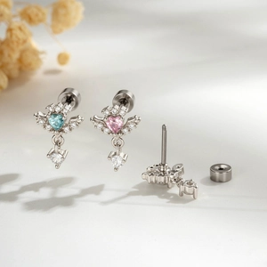 Elegant angel wing heart zircon screw back cartilage earrings in silver and pink