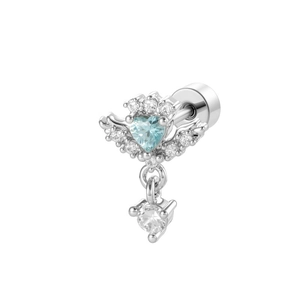 Angel wing heart stud earring with blue zircon and screw flat back for cartilage piercing