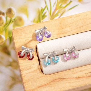Cherry Earring Studs Titanium Steel Copper Zirconia Cartilage Piercing Jewelry Sweet Bow Fruit Design For Women