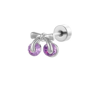 Sweet silver bow cherry stud earrings with purple crystals in polished titanium steel