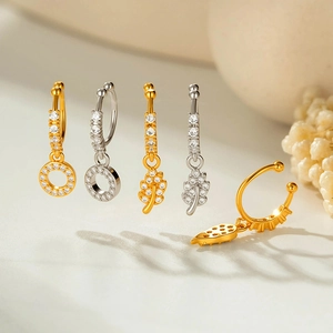 Boucles d'oreilles ear cuffs avec pendentifs zircon en forme de croix, cœur et étoile