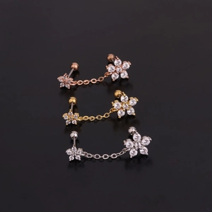 Floral zircon double piercing chain earrings in gold silver and rose gold steel
