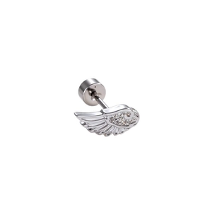 Silver angel wing cartilage stud earring with sparkling zircon micro-pave stones