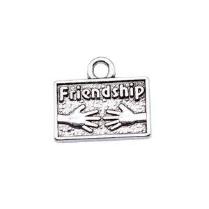 Silver rectangle Friendship charm with embossed hands and top loop for DIY jewelry