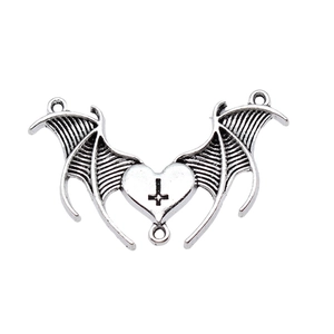 Gothic silver heart pendant featuring bat wings and inverted cross for Halloween jewelry