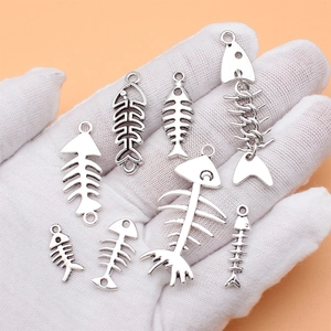 Antique silver fish bone pendant set with 8 assorted styles for DIY jewelry making