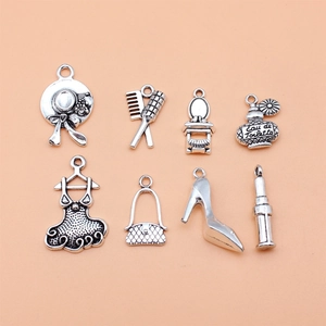 Retro Alloy Fashion Charm Set Antique Silver Finish Lipstick High Heel Perfume Bottle Shapes For DIY Jewelry Making Accessories