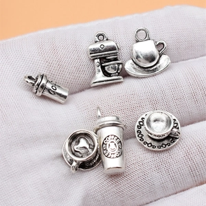 Set van 6 antieke zilveren koffiehangers voor DIY-sieraden met mokken en machines