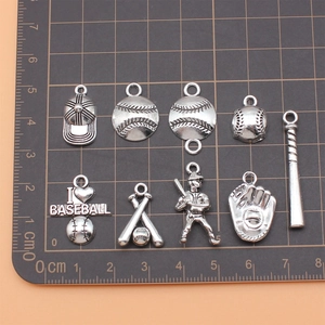 9-piece set of antique silver baseball charms including bats, gloves, and heart pendants