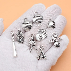 Set of 9 antique silver baseball charms including bats and gloves for DIY jewelry