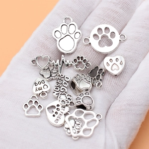 Antique silver dog paw charms and heart pendants set for DIY jewelry making