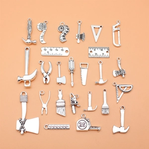 Antique Silver Alloy Miniature Tool Charms For DIY Jewelry Making Pendants Including Saw Axe Hammer Screwdriver Pliers Ruler