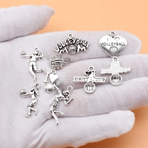Set of 9 antique silver volleyball charms for DIY jewelry making and sports crafts
