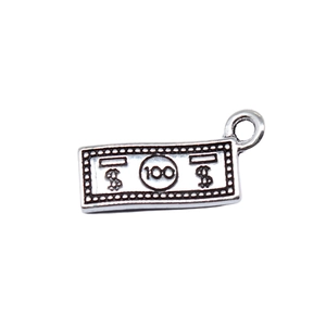 Handmade 7x15mm vintage dollar bill pendant with 100 and dollar sign in zinc alloy
