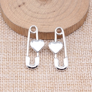 Silver metal safety pin pendants with smooth heart charms for DIY jewelry making