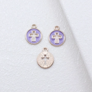 Rose gold round cross charms with purple enamel dripping oil for DIY jewelry making