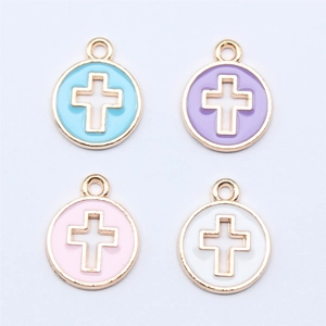 Set of four 15x12mm colorful enamel cross pendants in gold-plated round frames for DIY jewelry