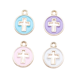 Golden enamel cross round charms in blue, purple, pink and white for DIY jewelry