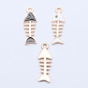 Cute black and white enamel fish bone alloy pendants for DIY jewelry making and crafts